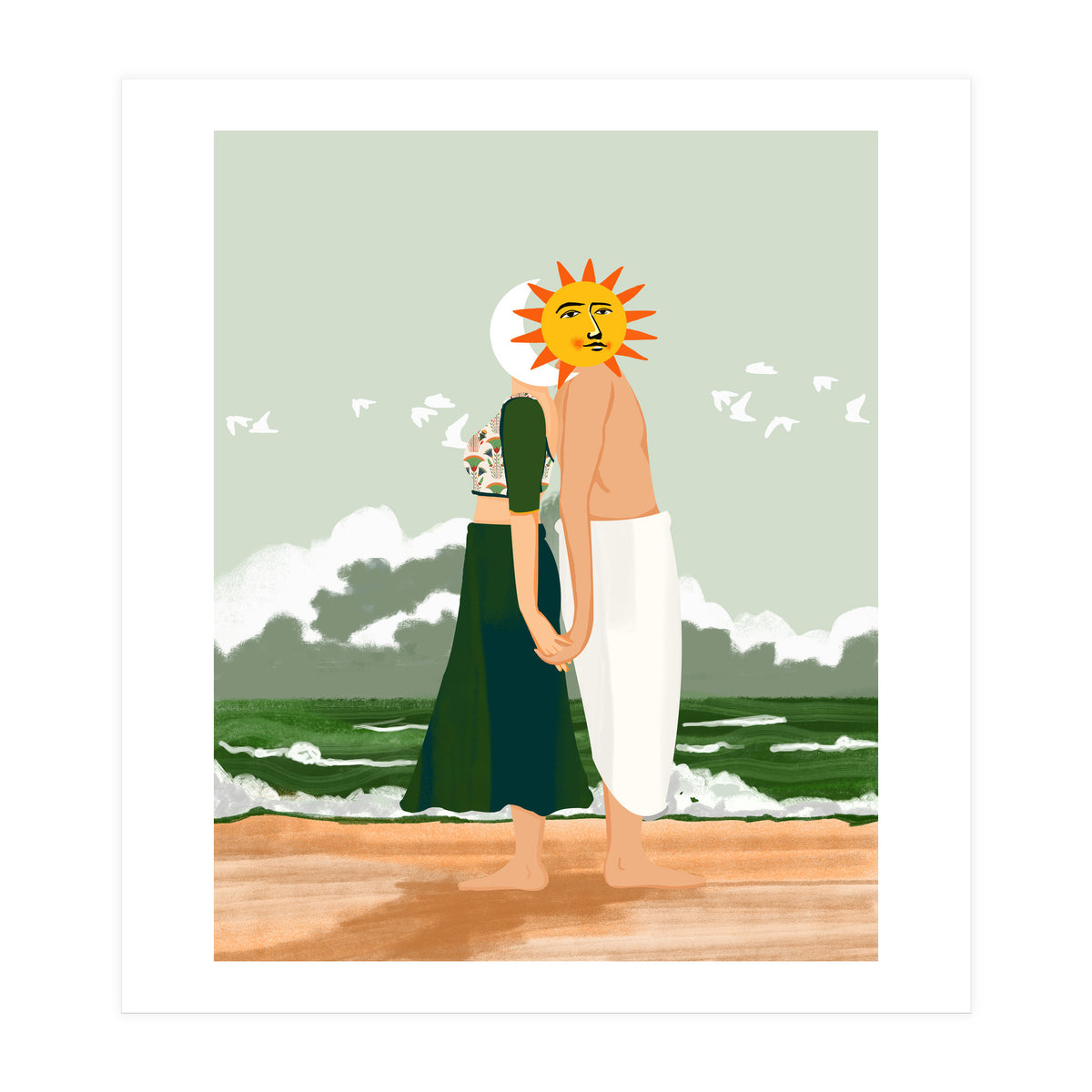 Celestial Union, Sun & Moon Love Couple, Ocean Sea Beach Landscape Nature, Summer Bohemian People (Print Only)
