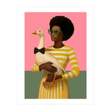 Stylish Woman Holding Goose In Striped Dress (Print Only) thumbnail