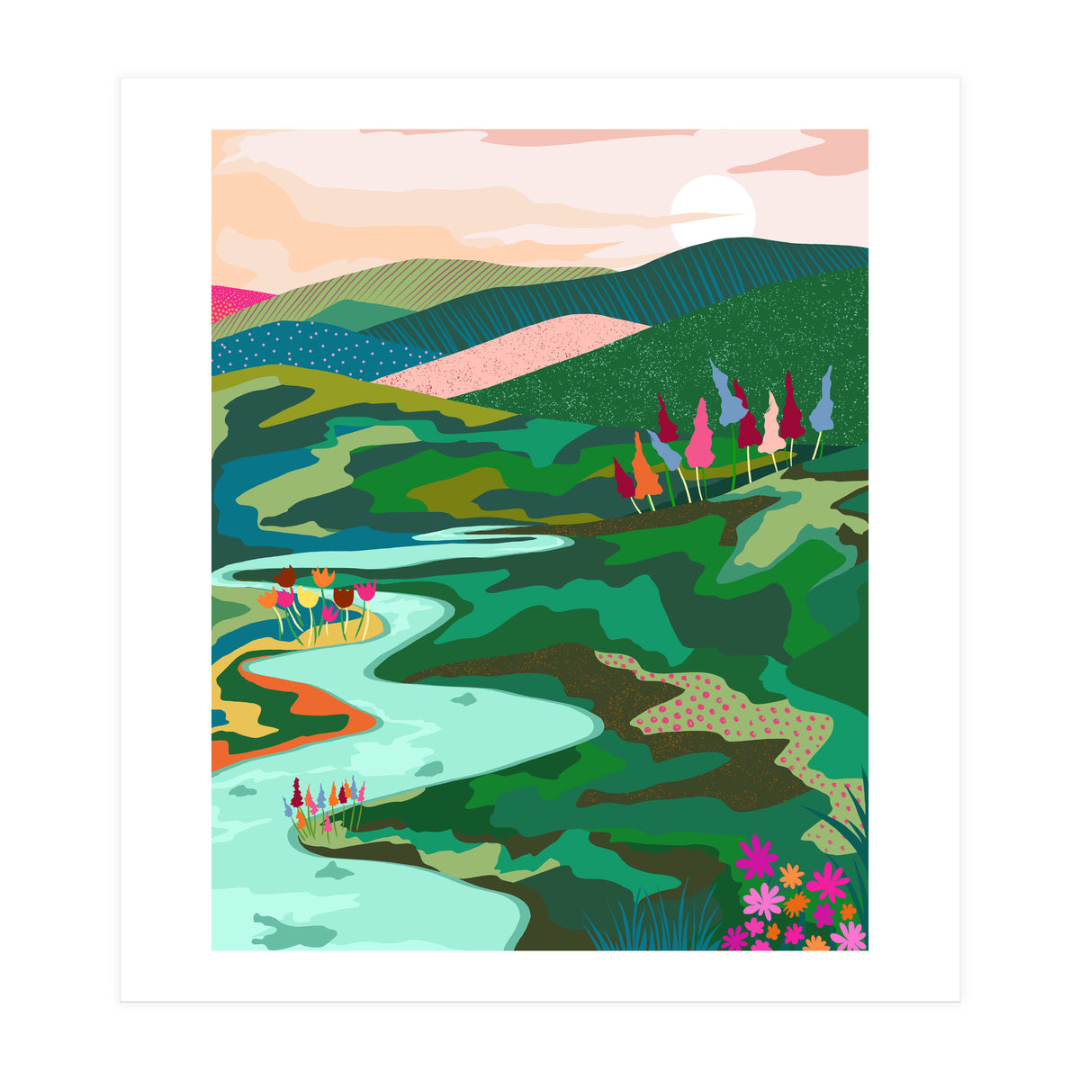 Endless Love, Bohemian Nature Landscape Scenic Meadow, Eclectic Colorful Travel Forest Mountains Sunset (Print Only)