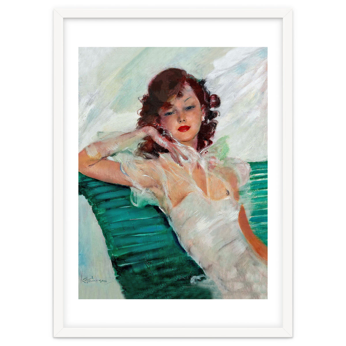 Girl Is Resting On A Green Bench, Watercolor Painting