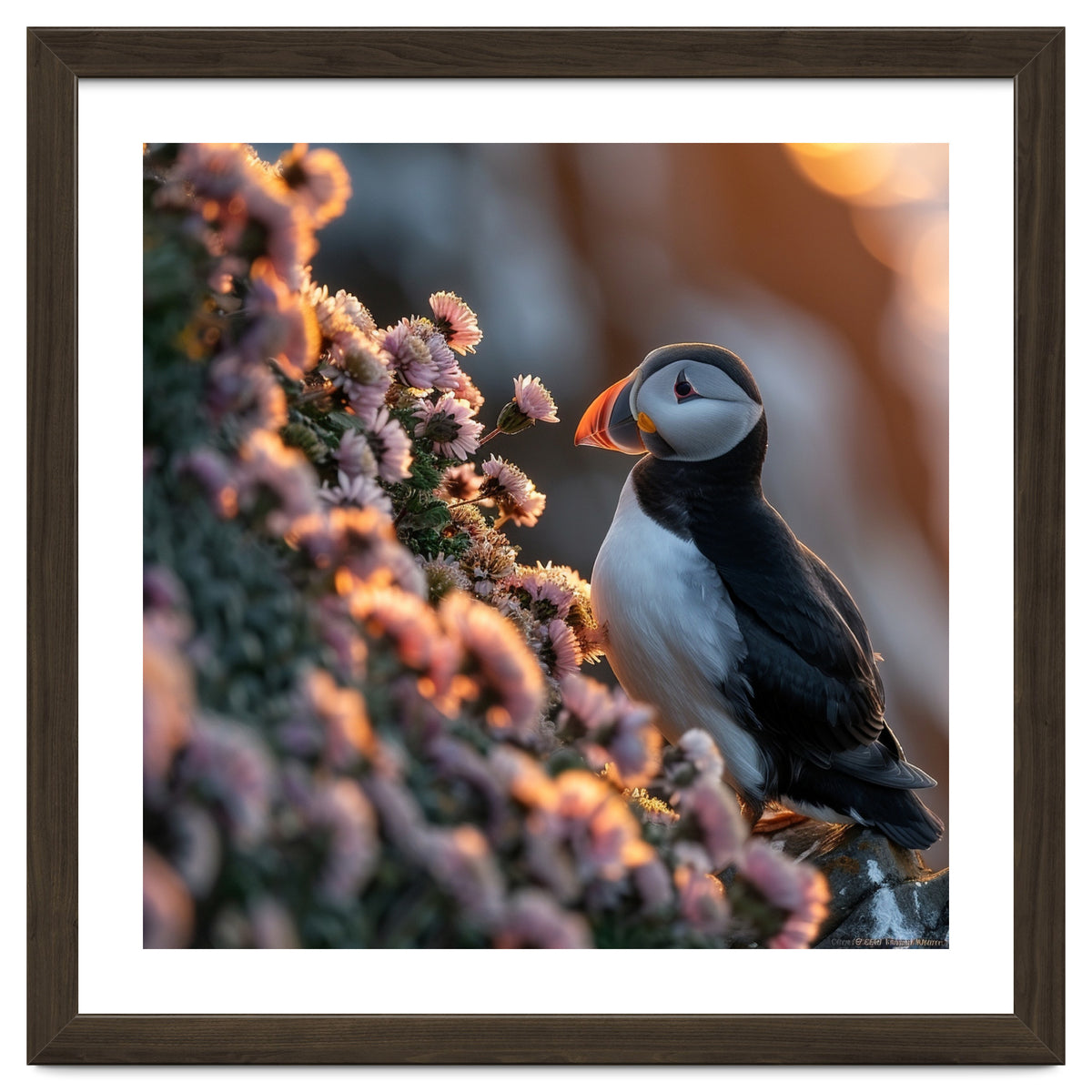 Puffin Bird On Rocks Near Pink Flowers At Sunset