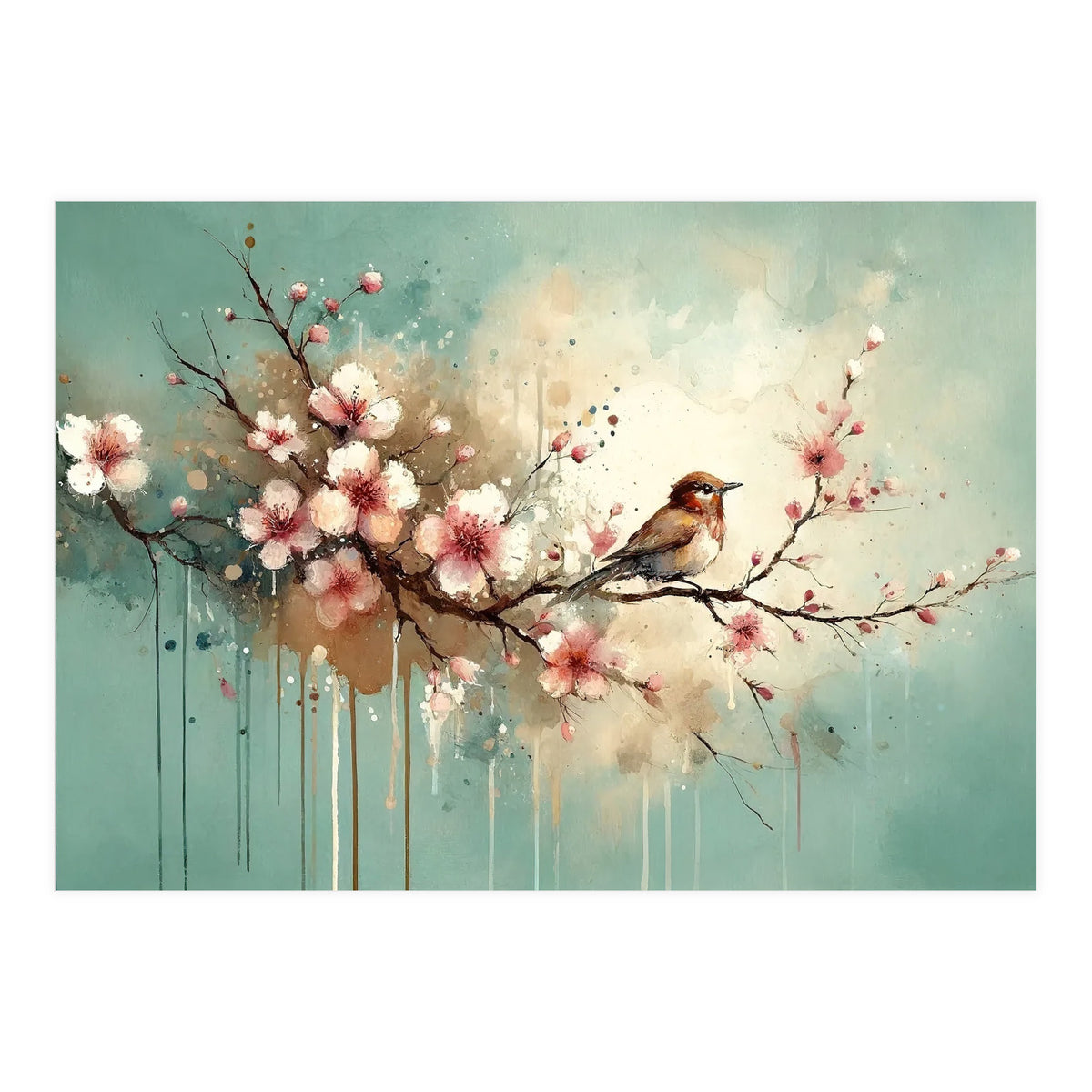 Bird Resting On Cherry Blossom Branch (Print Only)