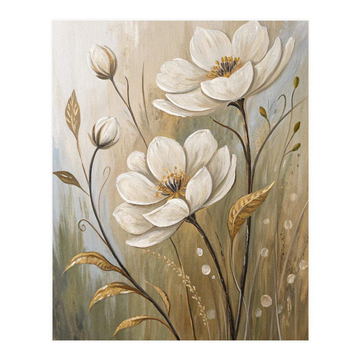 Elegant White Anemone Floral Oil Painting (Print Only)