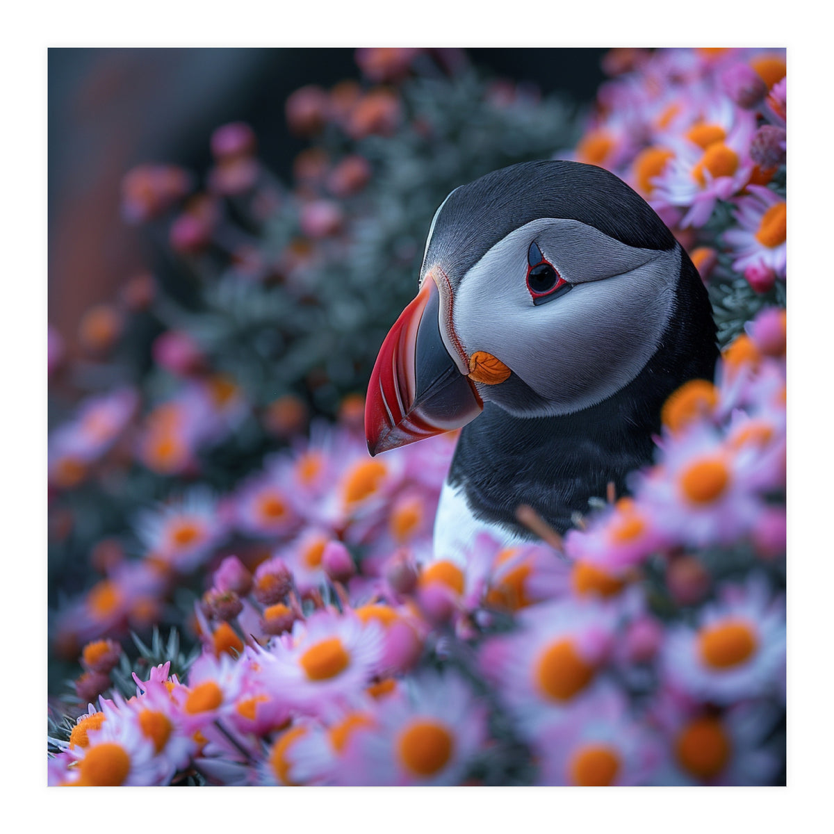 Puffin Bird Among Pink Flowers  (Print Only)