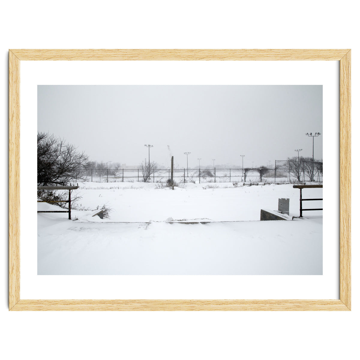 Baseball field covered in snow