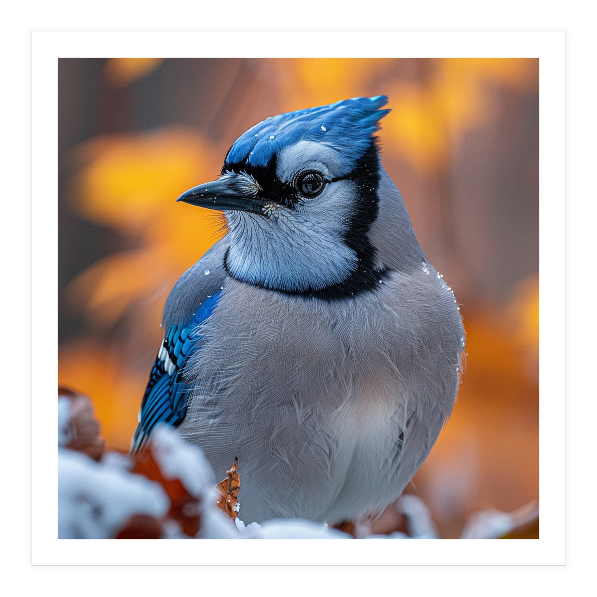 Blue Jay Bird In Winter Snowfall And Leaves (Print Only)
