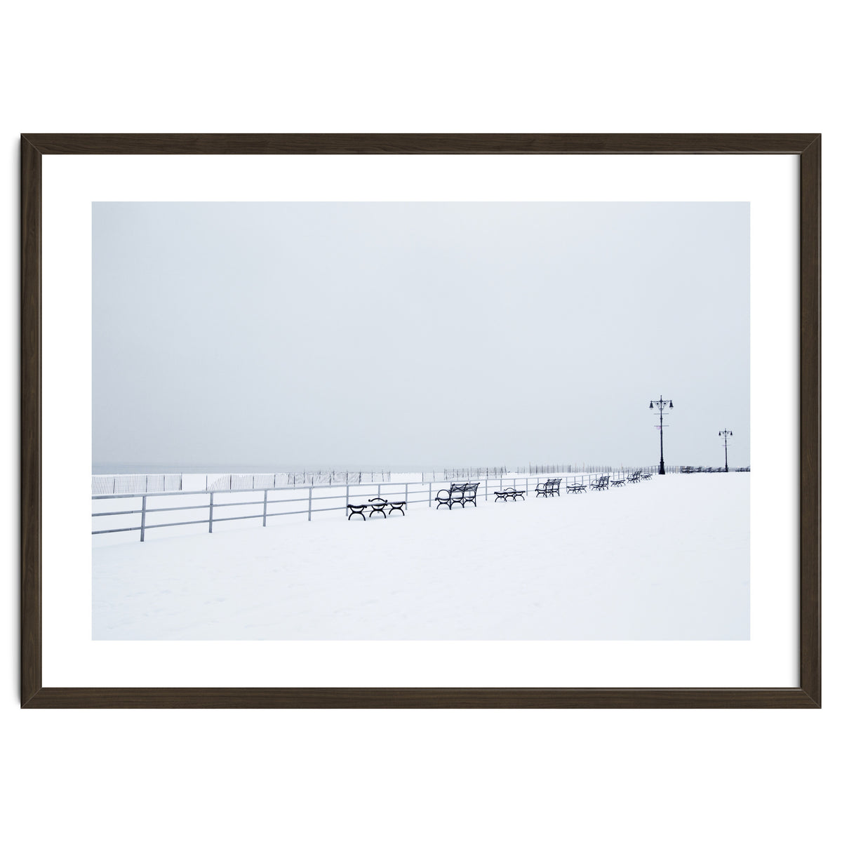 Benches along the pier on snow beach