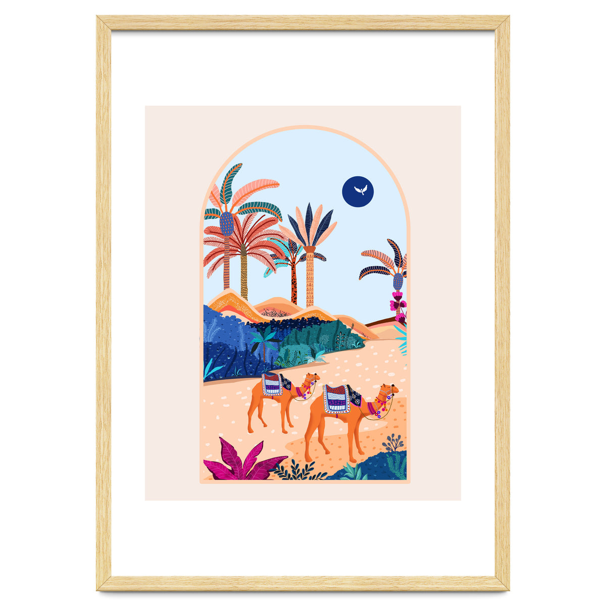 The Arabian Desert, Nature Landscape Travel Illustration, Camels Eclectic Sand Dunes Dubai Palm, Sahara Middle East Hot Summer Animals Bohemian