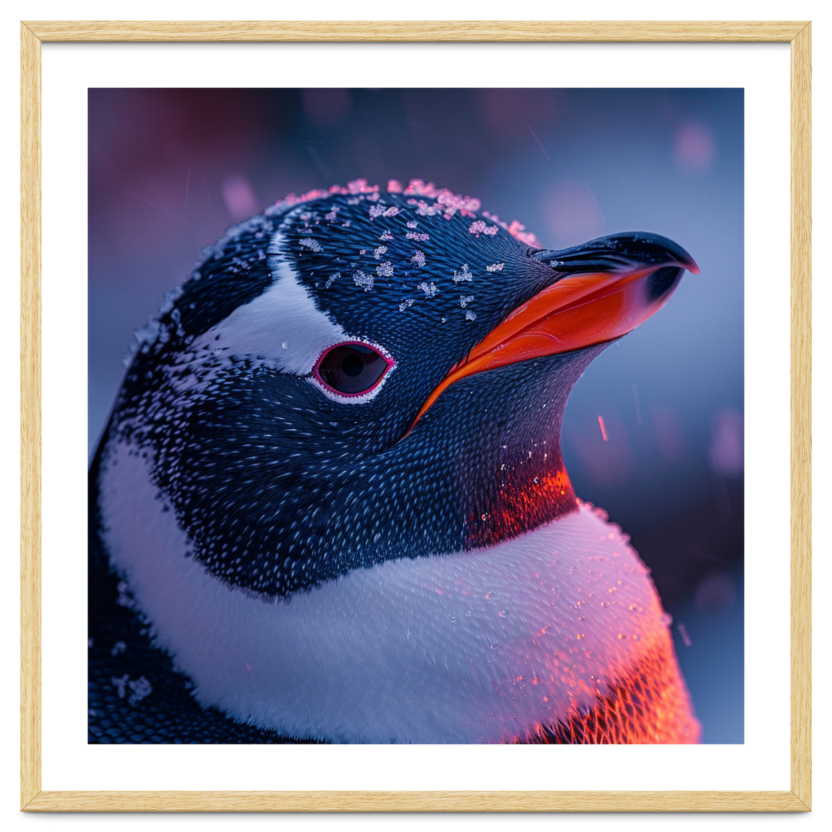 Close Up Penguin With Snowflakes On Head