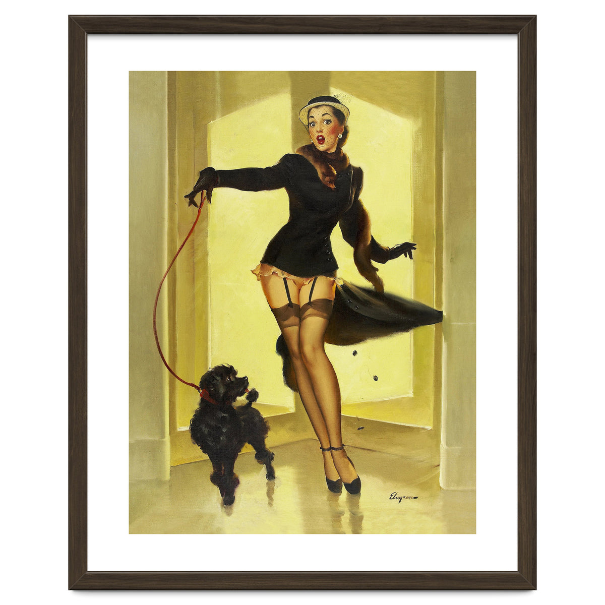 Pinup Girl In Black Dress On A Hall Experiencing Sudden Wind