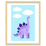 Purple Stegosaurus Watercolor Art, Cute Dinosaur Nursery Print, Dino and Clouds Illustration thumbnail