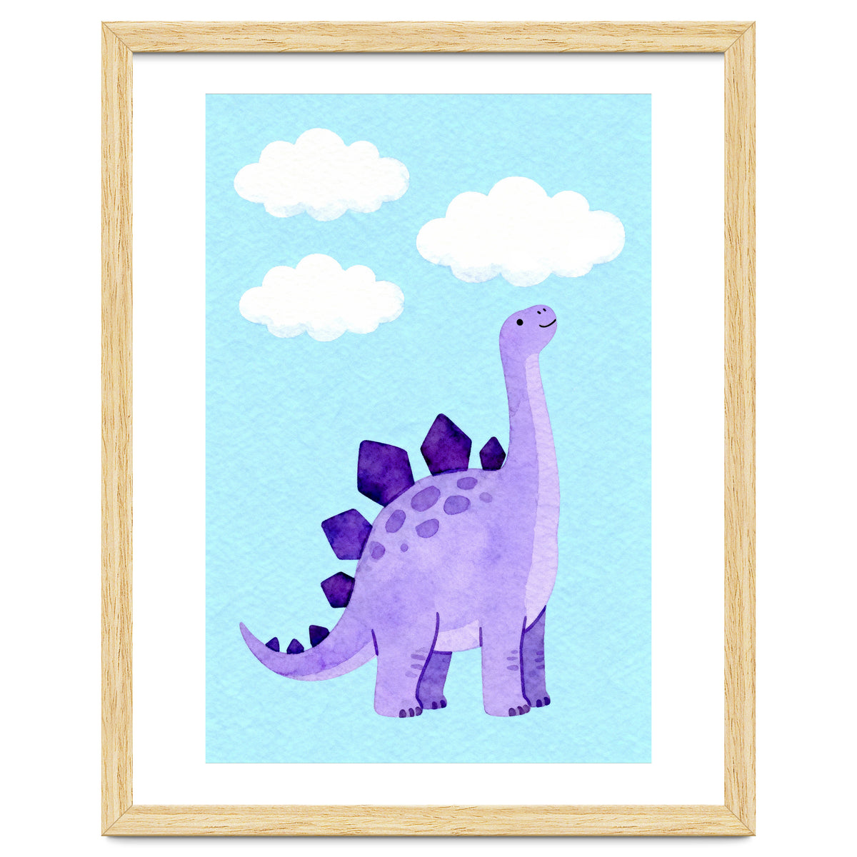 Purple Stegosaurus Watercolor Art, Cute Dinosaur Nursery Print, Dino and Clouds Illustration