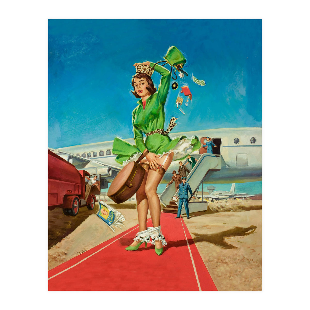 Sexy Pinup Brunette Experiencing Sudden Wind At The Airport (Print Only)