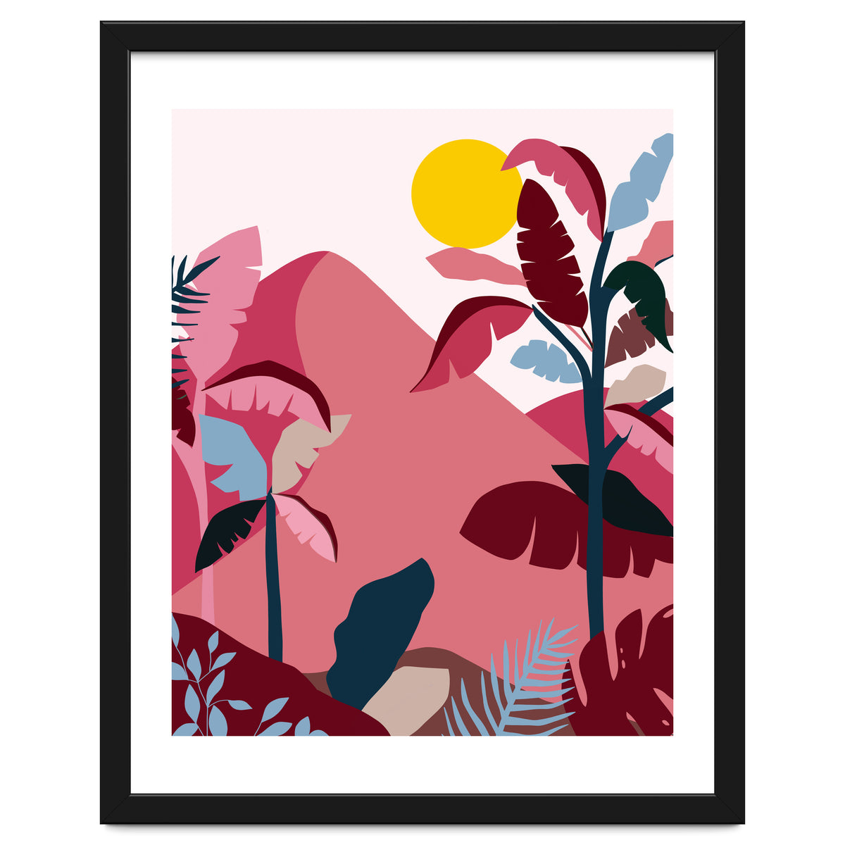 Tropical Sundowner, Pastel Jungle Botanical Nature, Summer Plants Palms Sunset, Mountain Landscape Travel Adventure