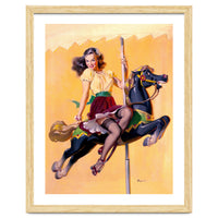 Pinup Sexy Girl Riding A Wooden Horse