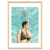 Bathe | Woman Pool Shower | Summer Swim Watercolor Painting | Brunette Bikini Boho Fashion thumbnail