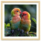 Lovebirds Pair Perched On Mossy Branch Outdoors thumbnail