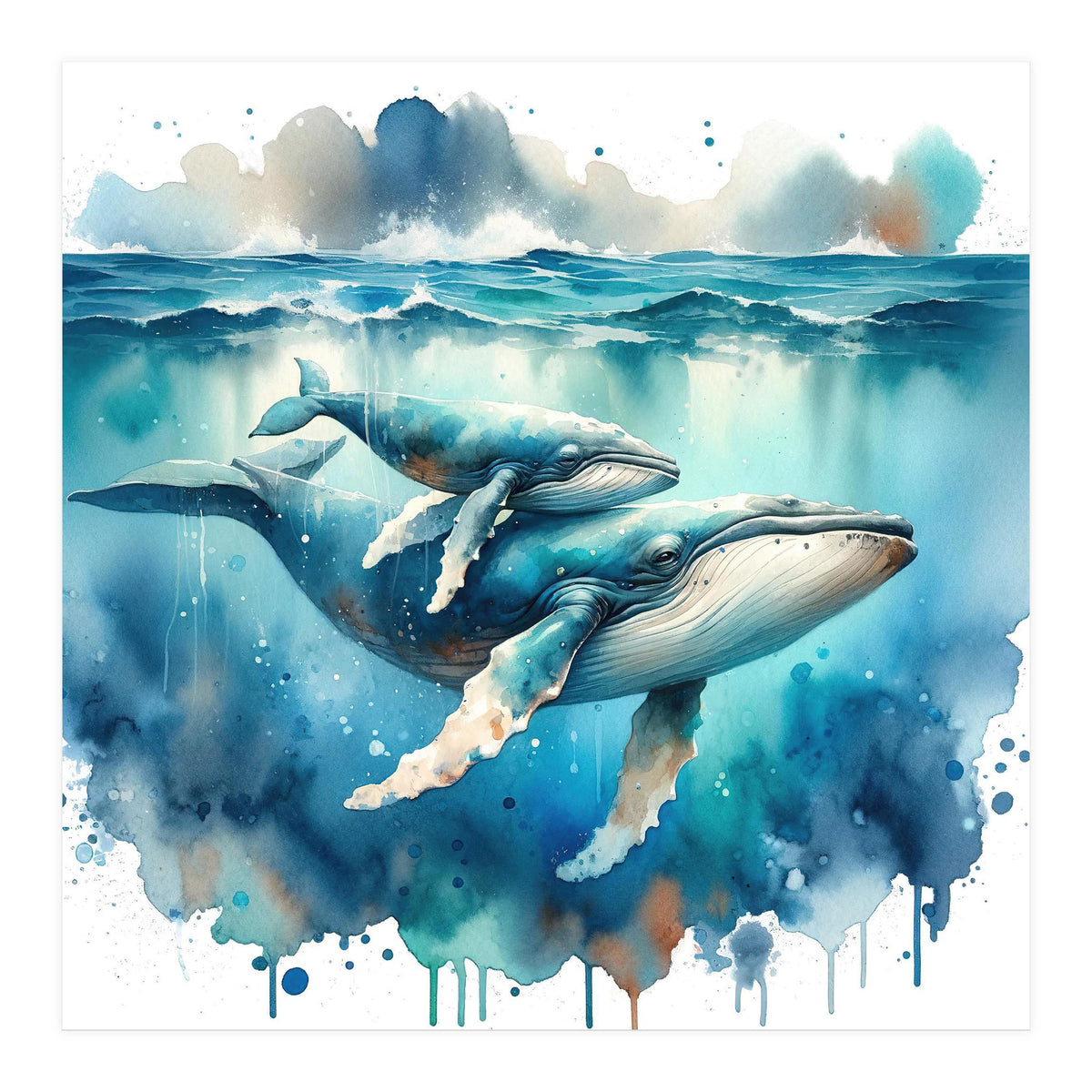 Mother And Calf Whales Watercolor (Print Only)