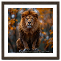 Majestic Lion Sitting On A Rock In Autumn Forest