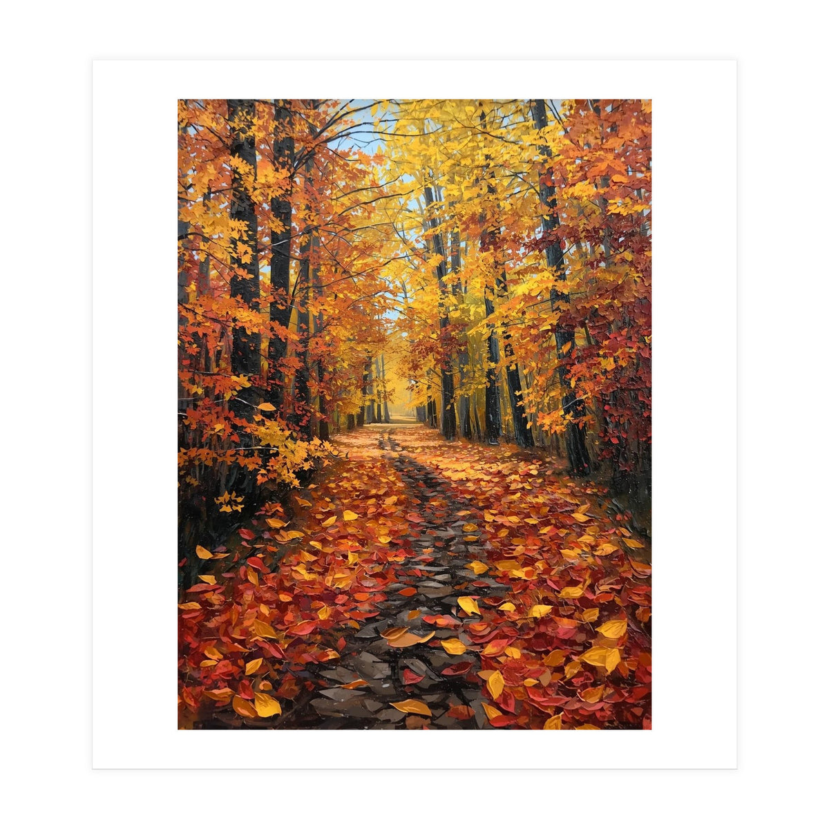 Sun-Drenched Golden Forest Path with Vibrant Autumn Foliage (Print Only)