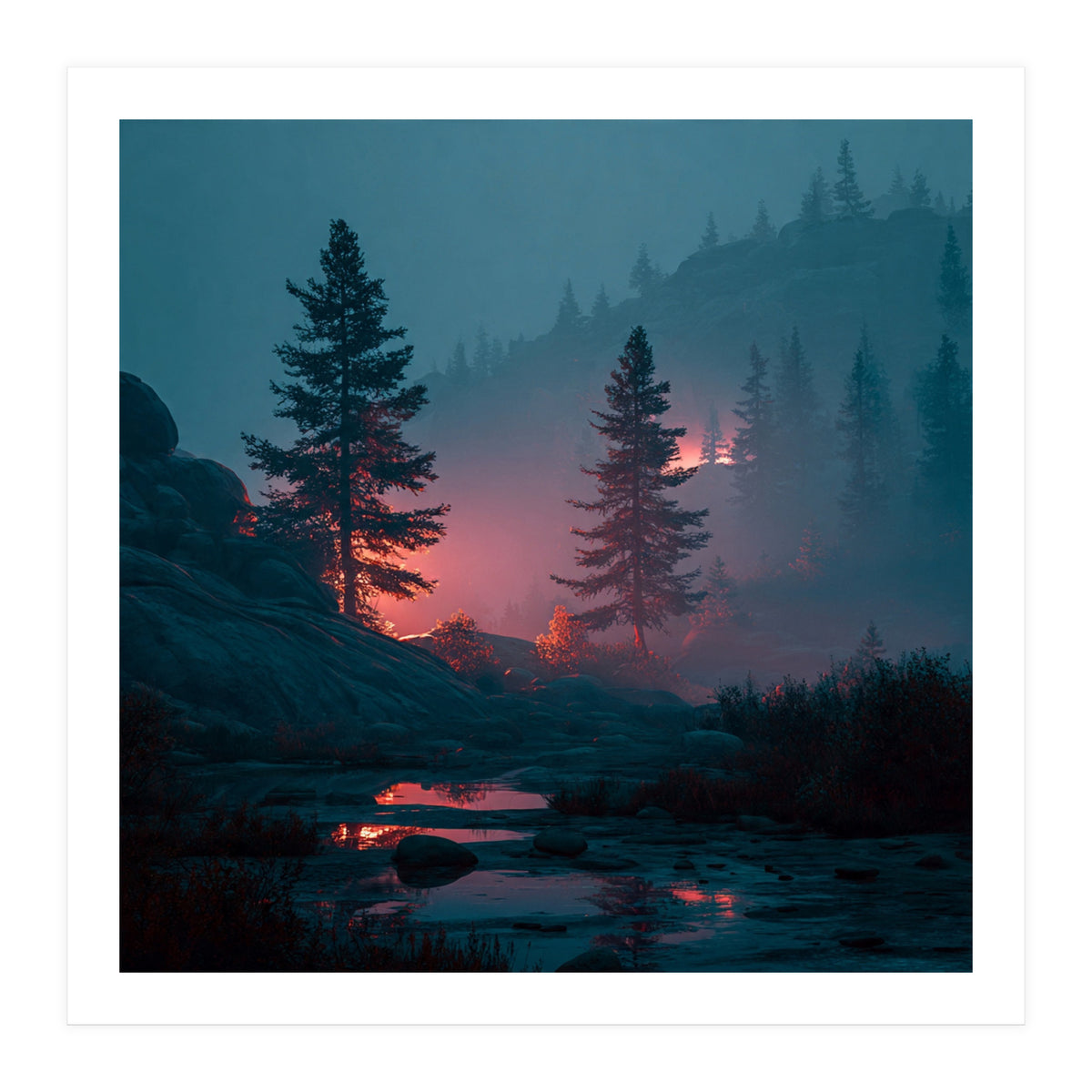 Atmospheric Twilight Pine Forest with Glowing Crimson Light (Print Only)