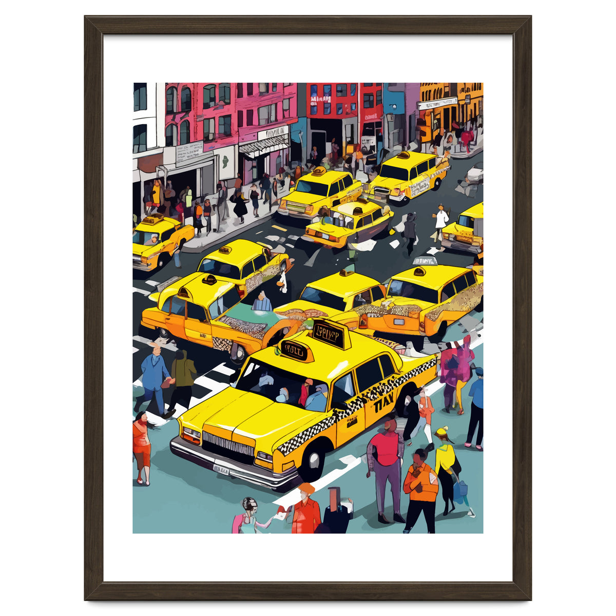 New York Minute, Yellow Taxi Cab Manhattan Downtown Busy Street, Traffic People Buildings Times Square Eclectic Road Architecture