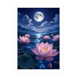Moonlit Lotus Pond: Serene Nighttime Floral Landscape (Print Only) thumbnail