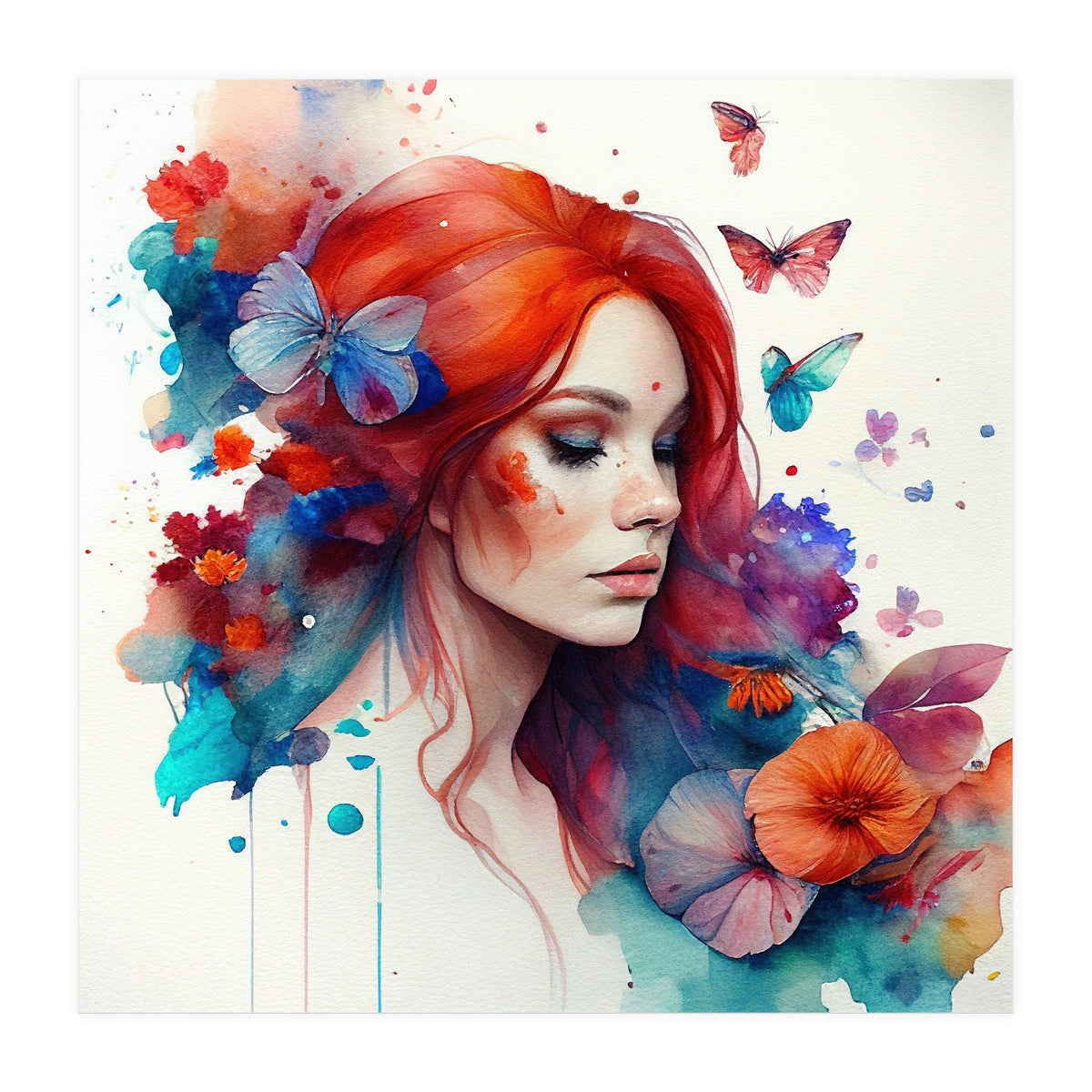 Watercolor Floral Red Hair Woman #4 (Print Only)