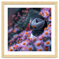 Puffin Bird Among Pink Flowers