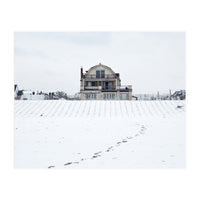 Footprints and house in winter snowscape (Print Only)