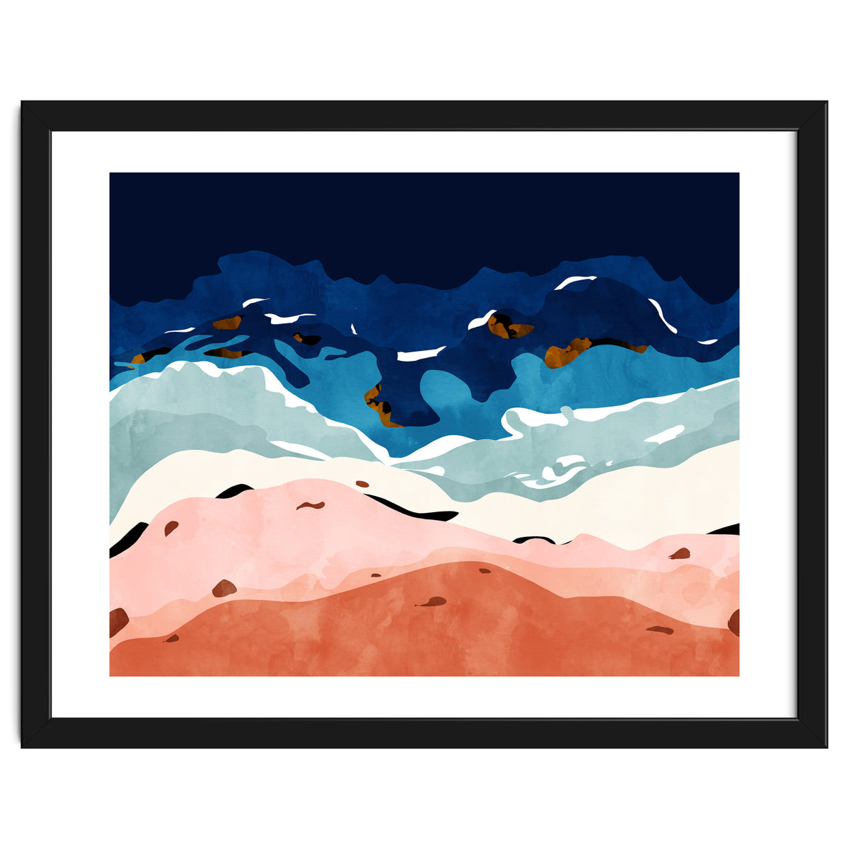 Ocean Heart, Abstract Sea Waves, Tropical Travel Watercolor Painting, Eclectic Bohemian Beach Nature