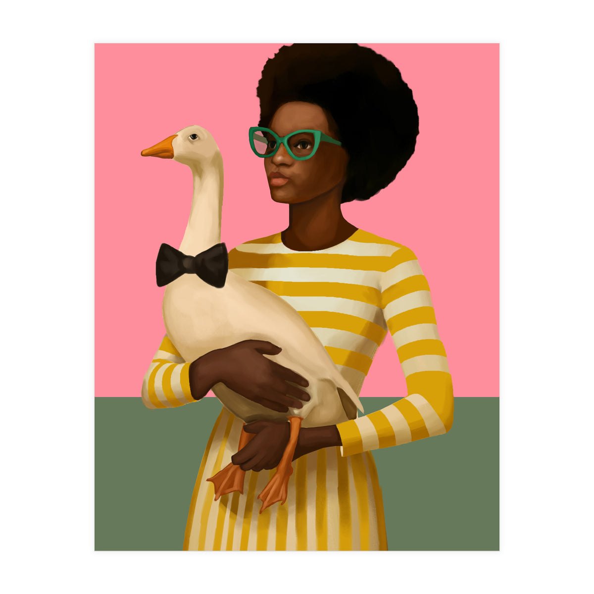 Stylish Woman Holding Goose In Striped Dress (Print Only)