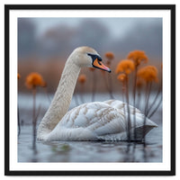 White Swan Swimming In A Lake With Reeds