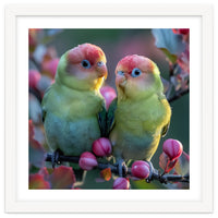 Two Lovebirds On A Branch Surrounded By Berries