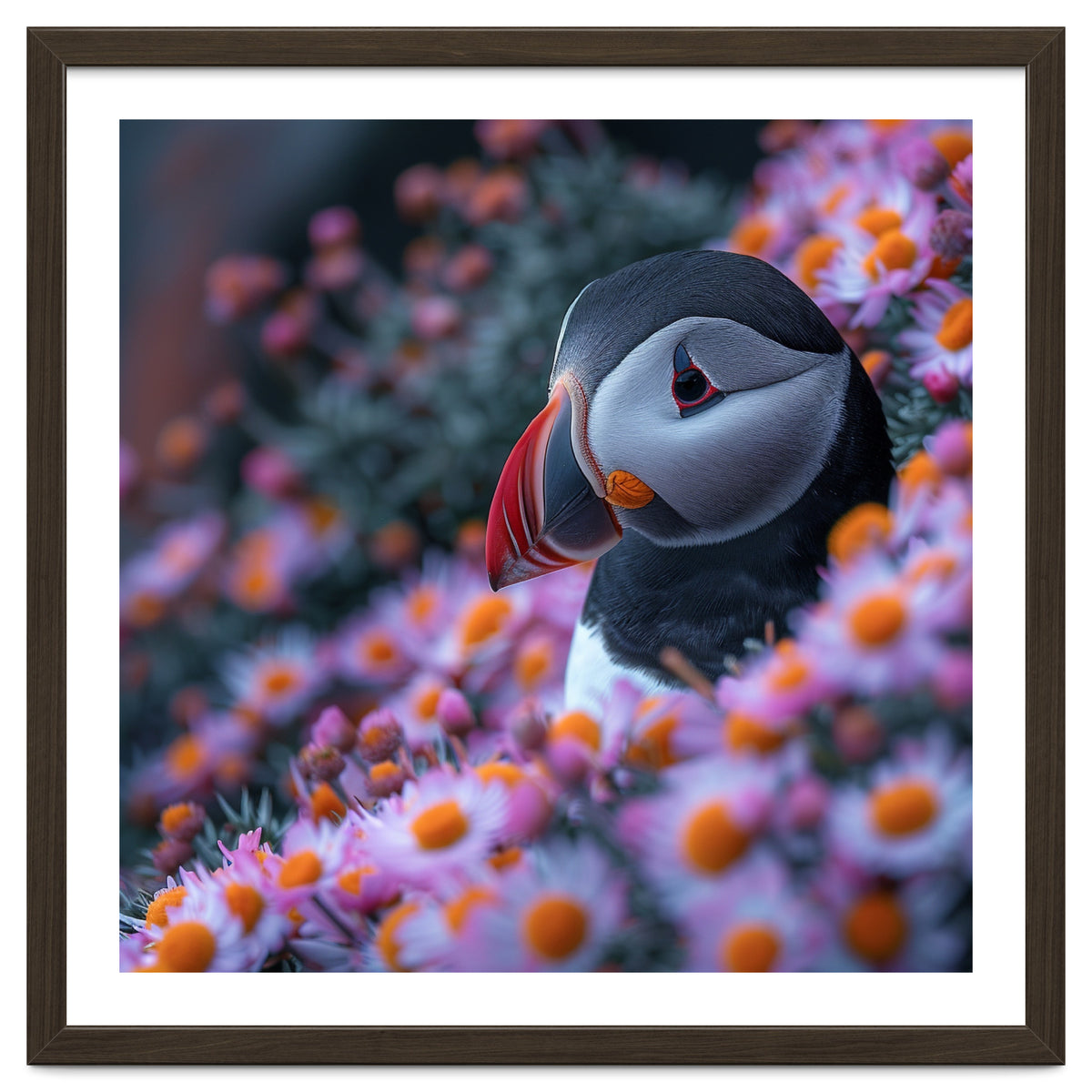 Puffin Bird Among Pink Flowers
