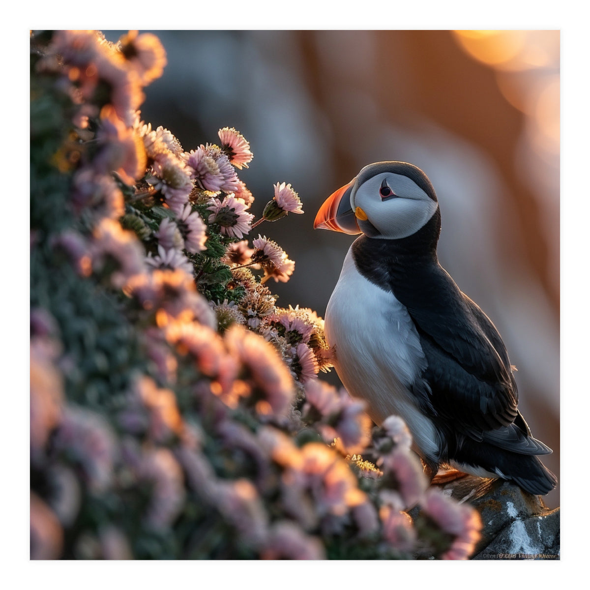 Puffin Bird On Rocks Near Pink Flowers At Sunset (Print Only)
