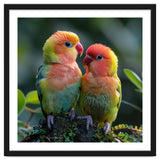 Lovebirds Pair Perched On Mossy Branch Outdoors thumbnail