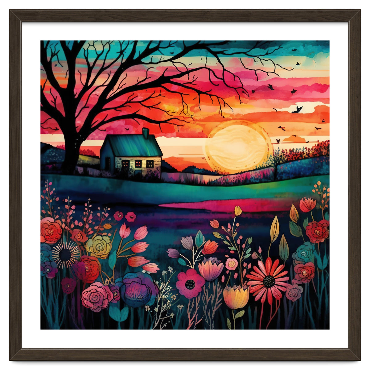 Watercolor Folk Art Sunset Landscape