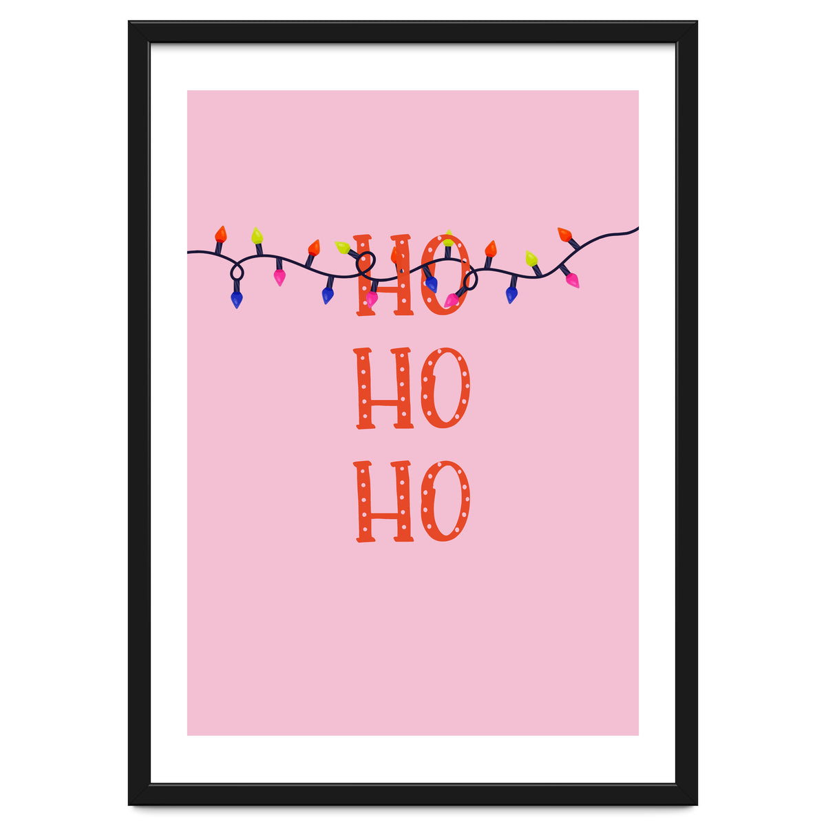 HO HO HO Christmas Lights Art, Pink Holiday Illustration, Modern Festive Quote