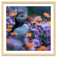 Puffin Bird Among Vibrant Purple And Orange Flowers