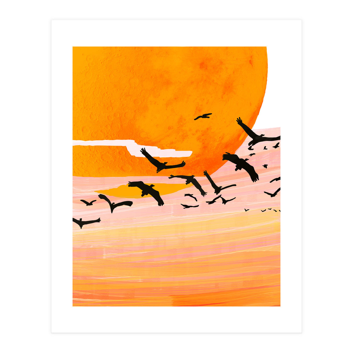 Time Flies, Birds Wildlife Fly Freedom Nature, Sun Sunset Sunrise Positivity Hope Painting, Growth Migrate Gift Animals Blush Sky Bohemian (Print Only)