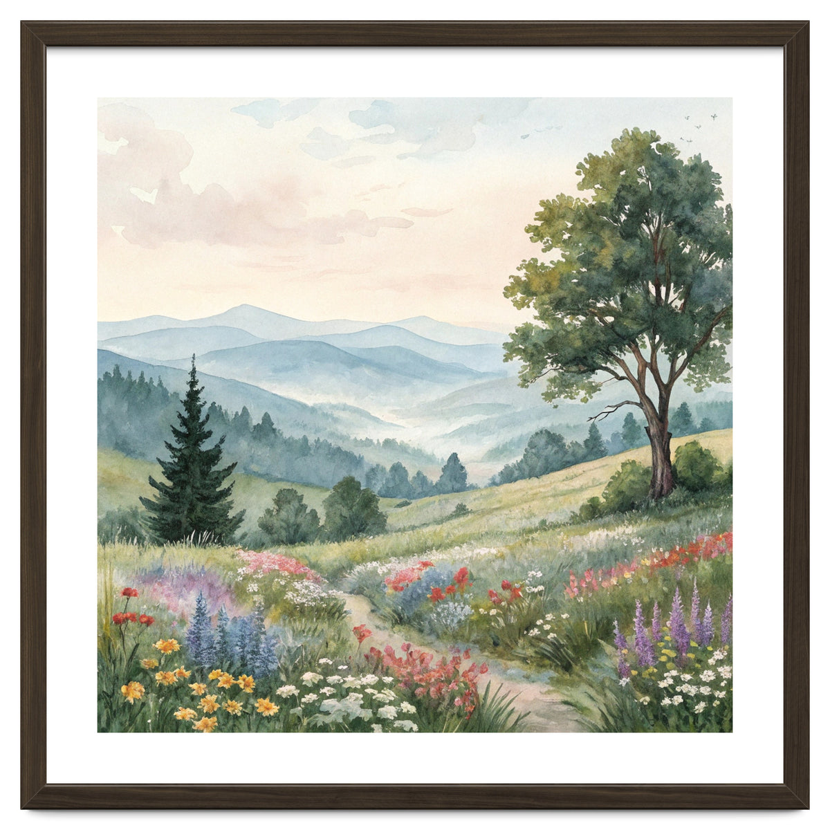 Serene Mountain Meadow Watercolor Landscape