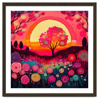 Folk Sunset Blossoming Tree