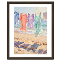 Laundry Drying by the Sea, Colorful Clothes on a Beach Clothesline, Coastal Summer Pastel Painting, Relaxing Ocean Shore Art Print
