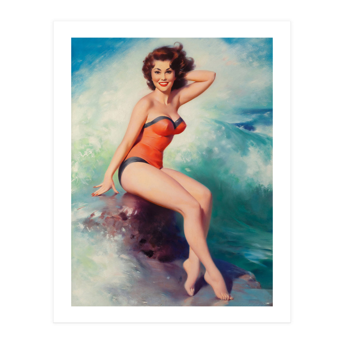 Pinup Girl Posing In Front Of Big Waves On The Beach (Print Only)