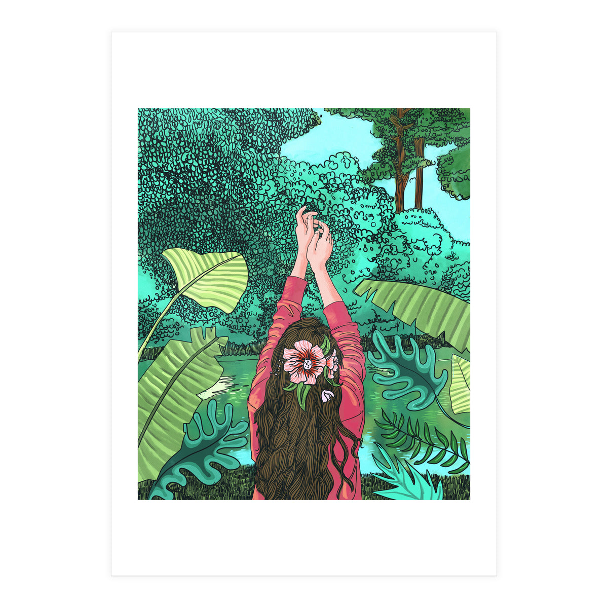 Comic Book Jungle | Tropical Banana Leaves Travel | Line Art Forest Botanical Illustration (Print Only)