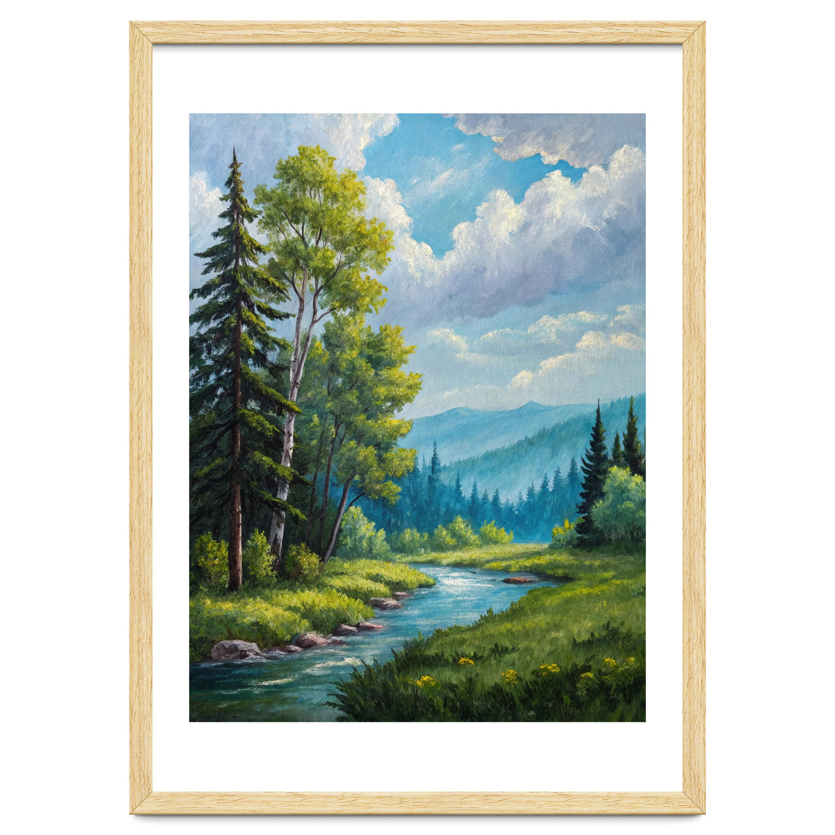 Serene Mountain River Landscape Oil Painting