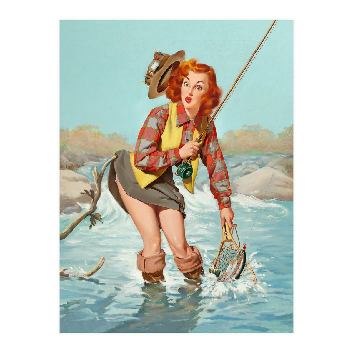 Sexy Pinup Girl On Fishing Accident (Print Only)