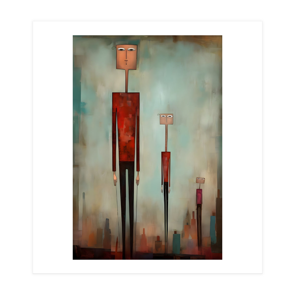 CITY HEIGHTS, three human-like forms of differing heights loom over the city below. (Print Only)