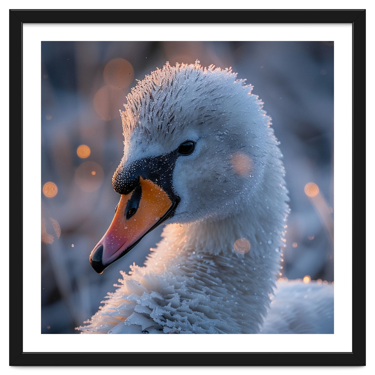 Close Up Frosty Swan Head During Golden Hour